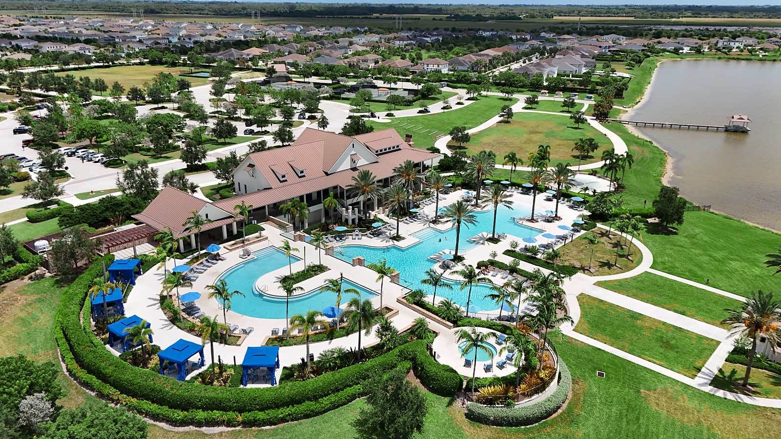 Close aerial of the Arden resort pool and amenity landscaping