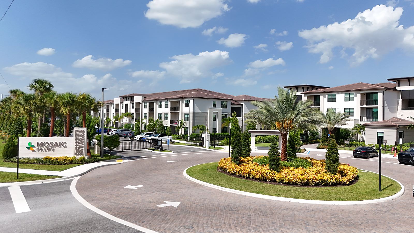 The entrance roundabout at Mosaic Palms with layered planting